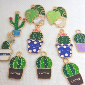 Colorful Cactus and Leaf Charms.  10 Charms.